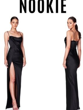 NOOKIE Elegant Black Satin Dream Draped Gown Slip Dress high leg slit size XS